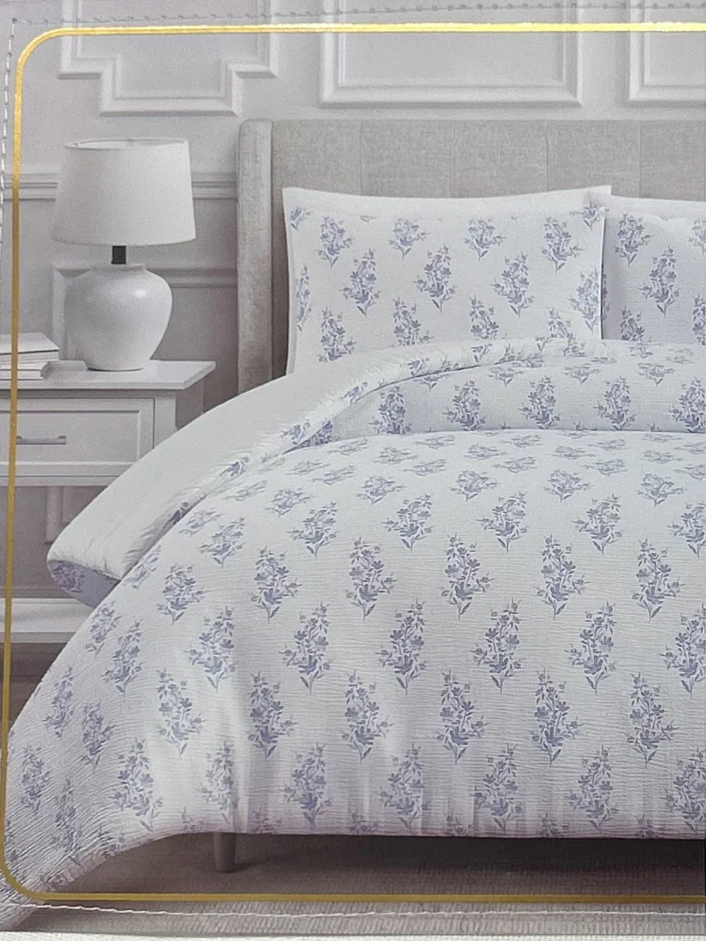 Papyrus Blue and White Cotton Gauze King Floral Comforter Set 104”x90”